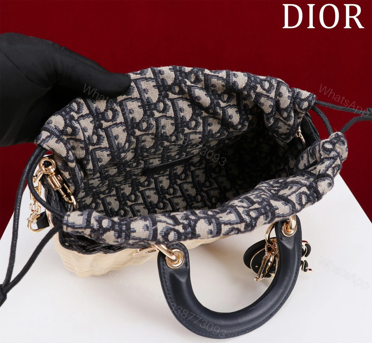 View 3 of Dior D-Joy Lady Wicker Handbag Like Auth 22cm