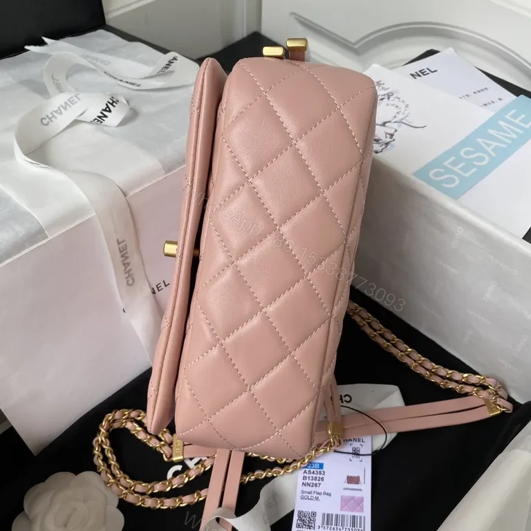 View 6 of Soft Pink Quilted Leather Shoulder Bag with Gold Hardware - Lux Collection