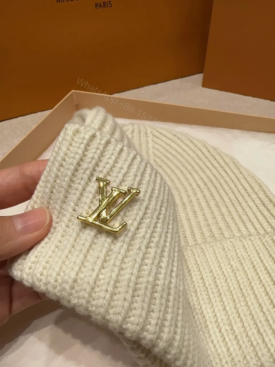 View 3 of Textured Knit Beanie - Ivory Knit w/ LV Accent Fashion Beanie