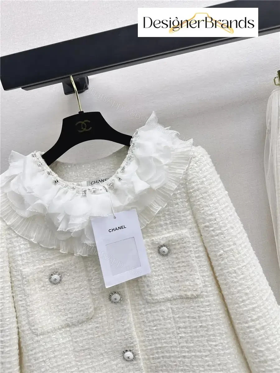 View 4 of Ivory Tweed Blazer with Ruffle Collar – Luxe, Structured Style