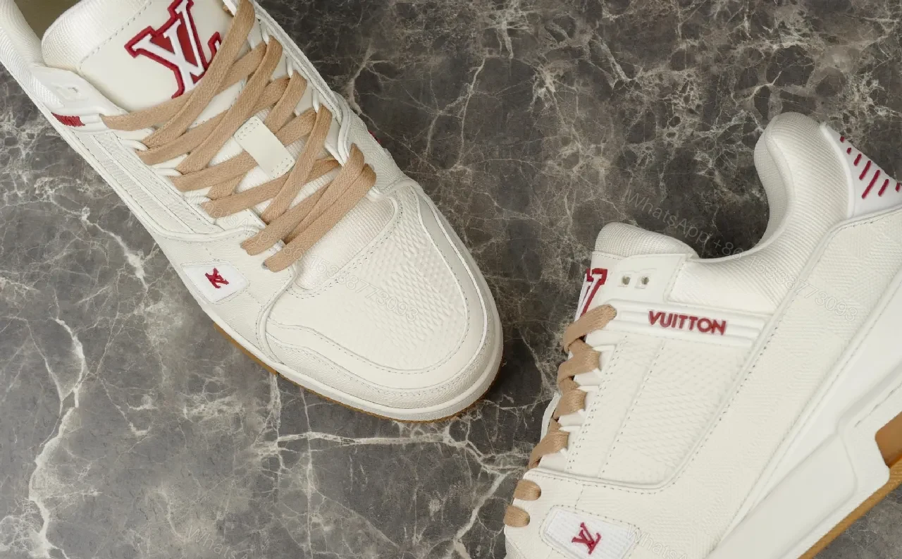 View 2 of Premium White Trail Runner – Beige Accents, Leather-Synthetic, Low-Profile, Discreet LV Details, Men’s Sneakers