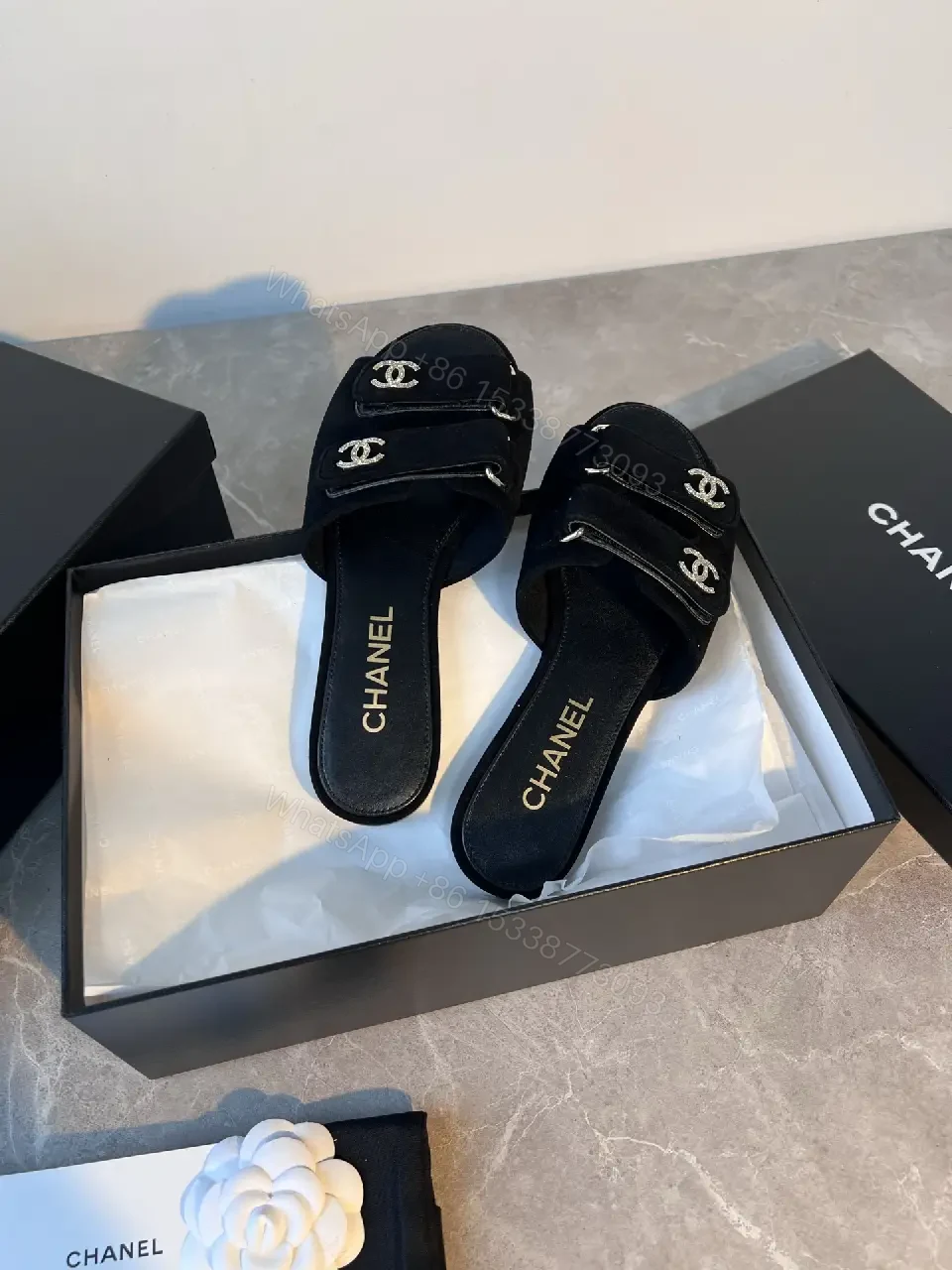 View 9 of Black Velvet Slide Sandals with Signature Hardware