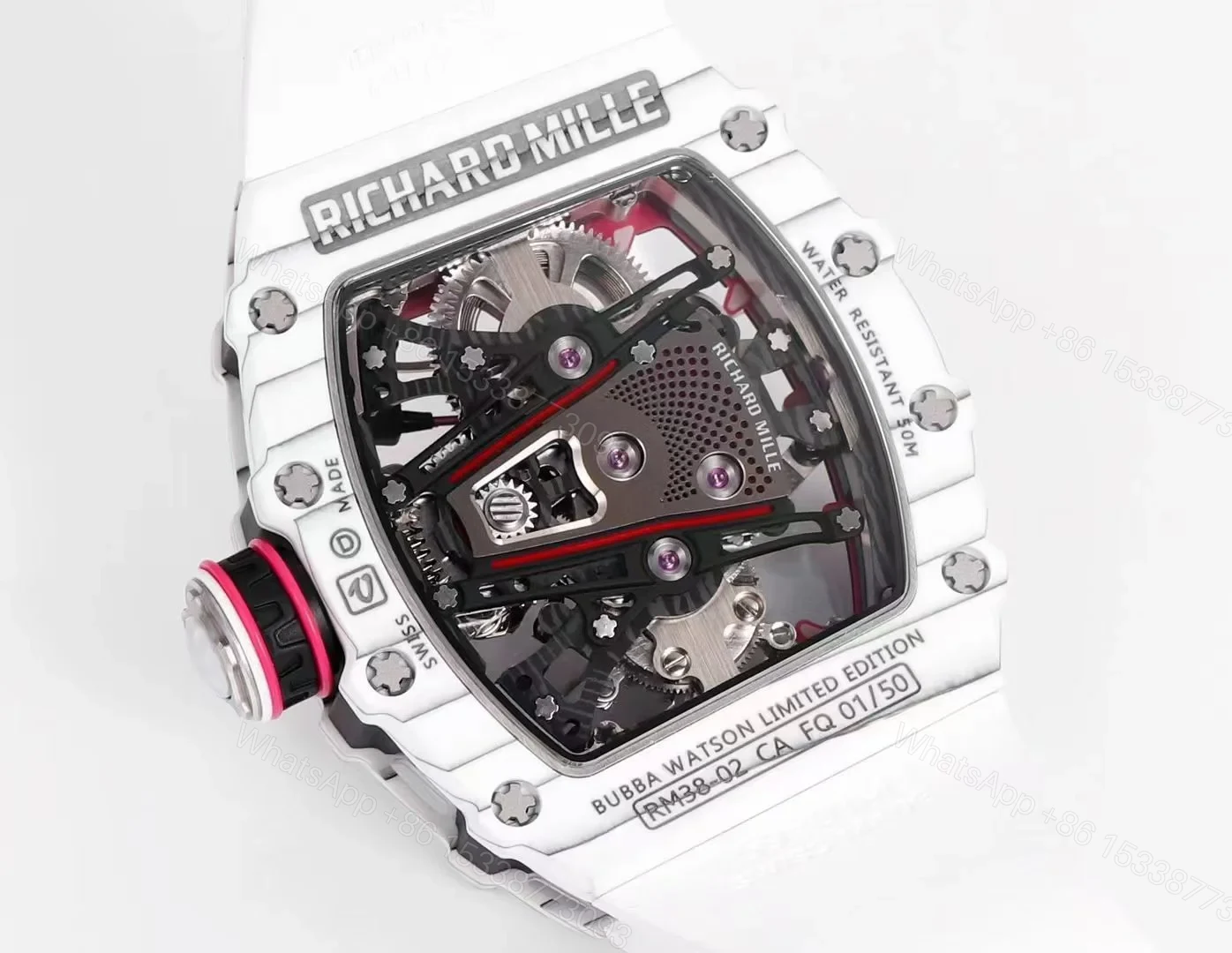 View 7 of Richard Mille RM38-02 Tourbillon Bubba Watson Watch Pink Quartz Carbon Fiber Skeleton Dial Manual Winding Movement Premium Edition RM38-02-BW-PINK-TB