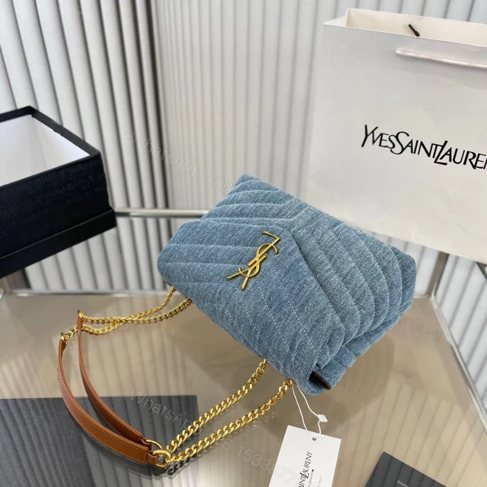 View 3 of Saint Laurent Loulou Small Chain Bag In Quilted Y Denim Blue 25Cm