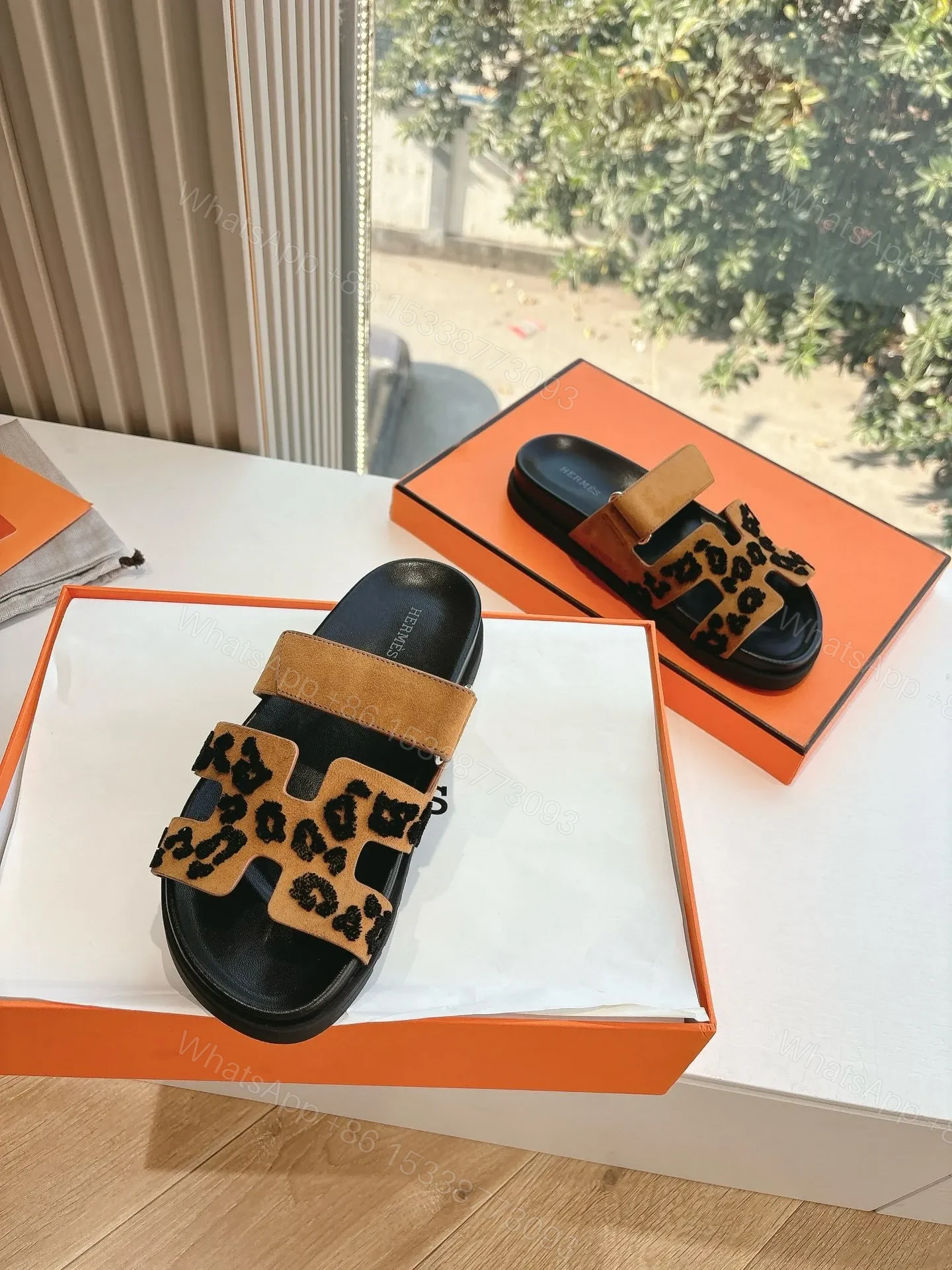 View 4 of Hermes Women Tan Suede Leopard Print Slippers