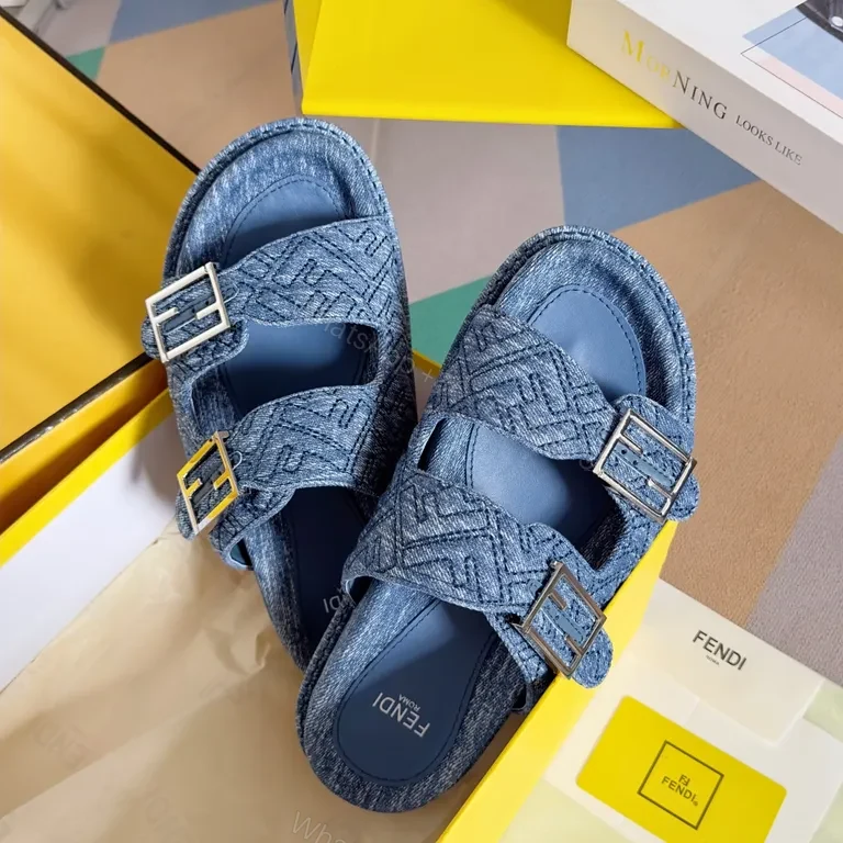 View 6 of Denim-Texture Sandals with Fendi Detail â€“ Luxury Comfort Menâ€TMs