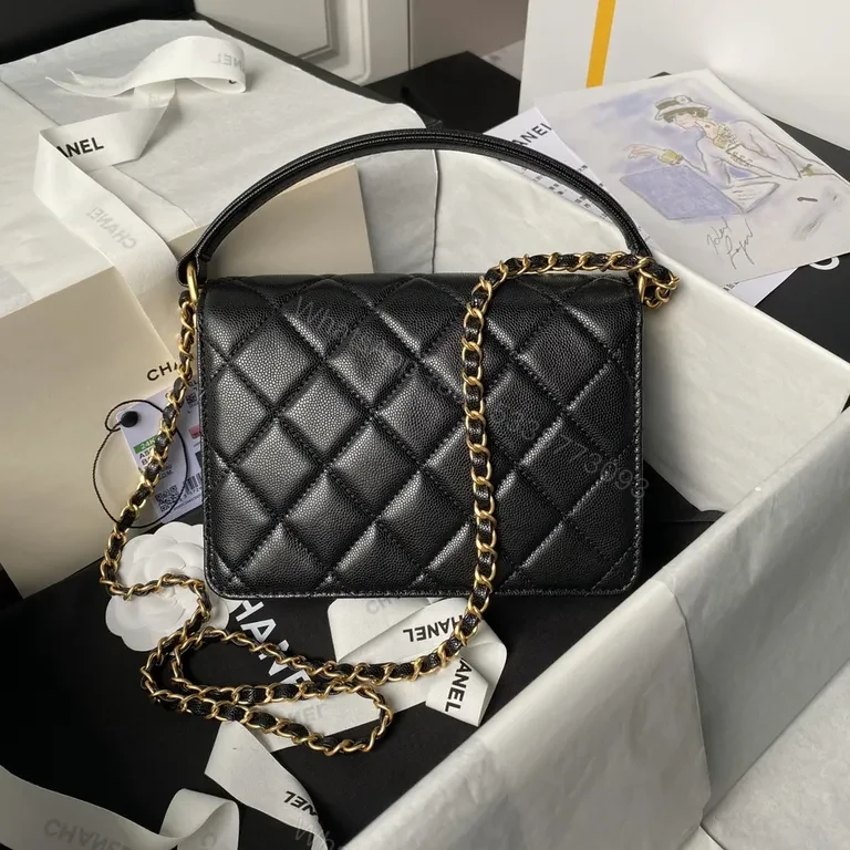 View 3 of Compact Quilted Calfskin Bag with Gold Chain Strap
