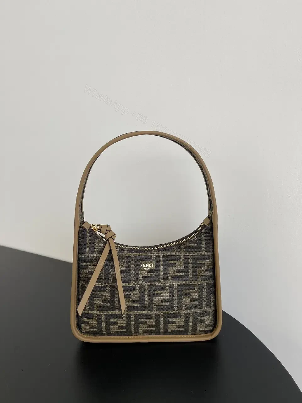 View 3 of Monogram Pattern Crossbody with Sculpted Frame, Taupe Trim