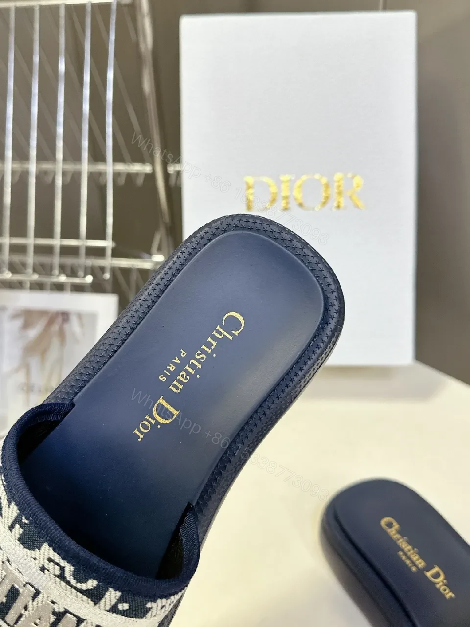 View 6 of Textured Navy Slides: Wide Logo Strap, Elevated Comfort