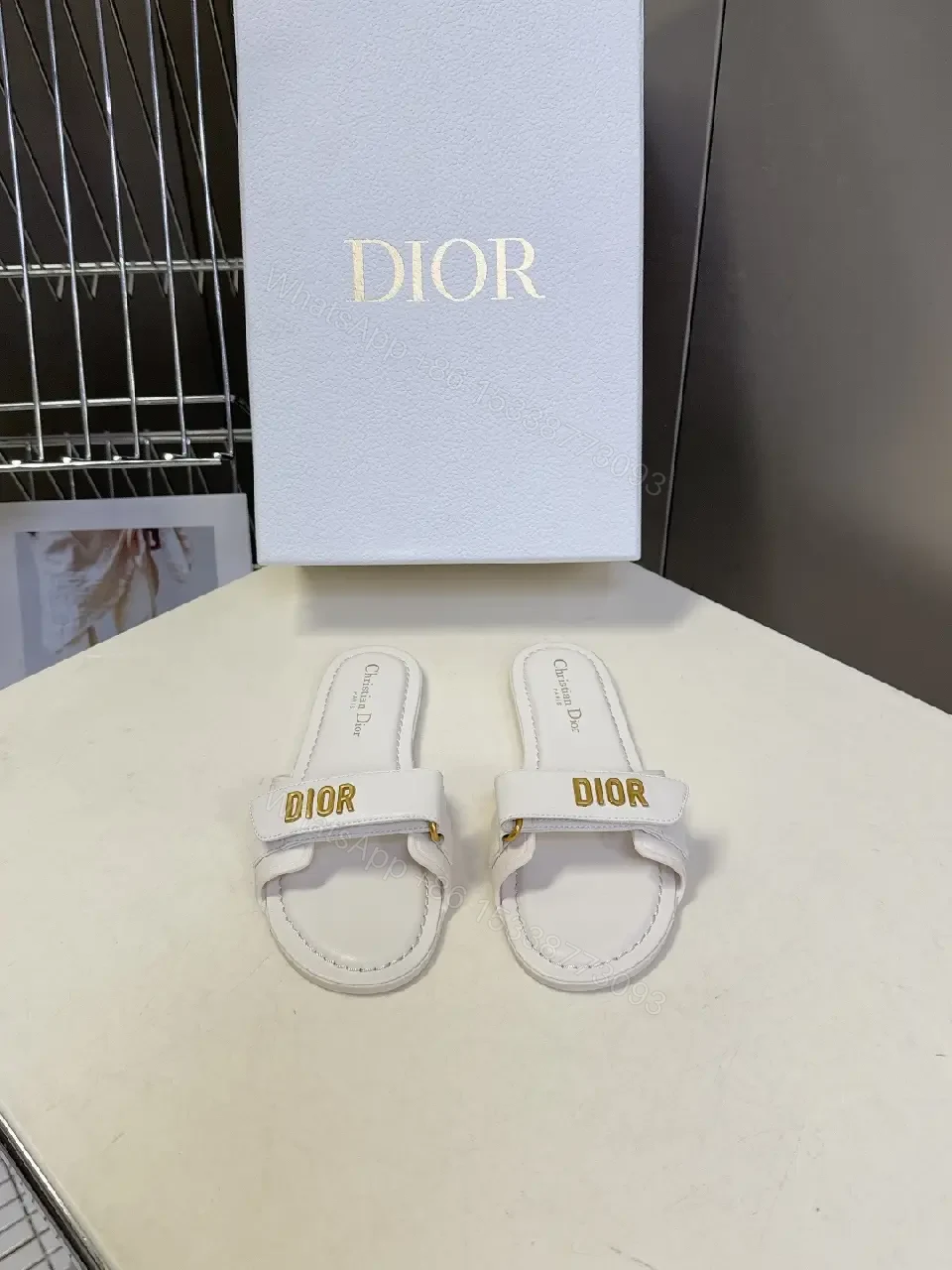 View 6 of White Leather Sandals: Luxe Minimalist Dior-Logo Strap Sandals