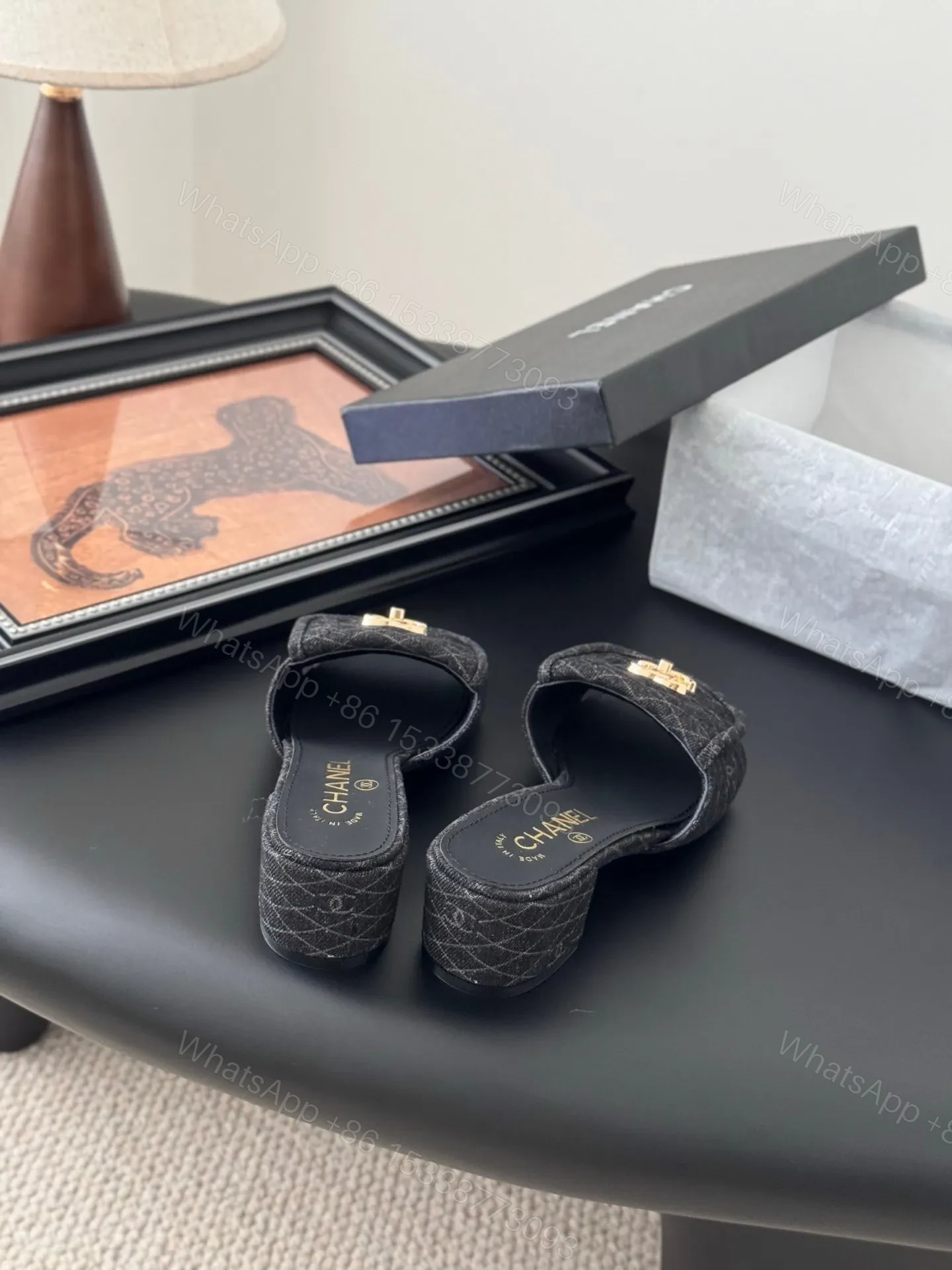 View 3 of Chanel Women Black Quilted Fabric Slides