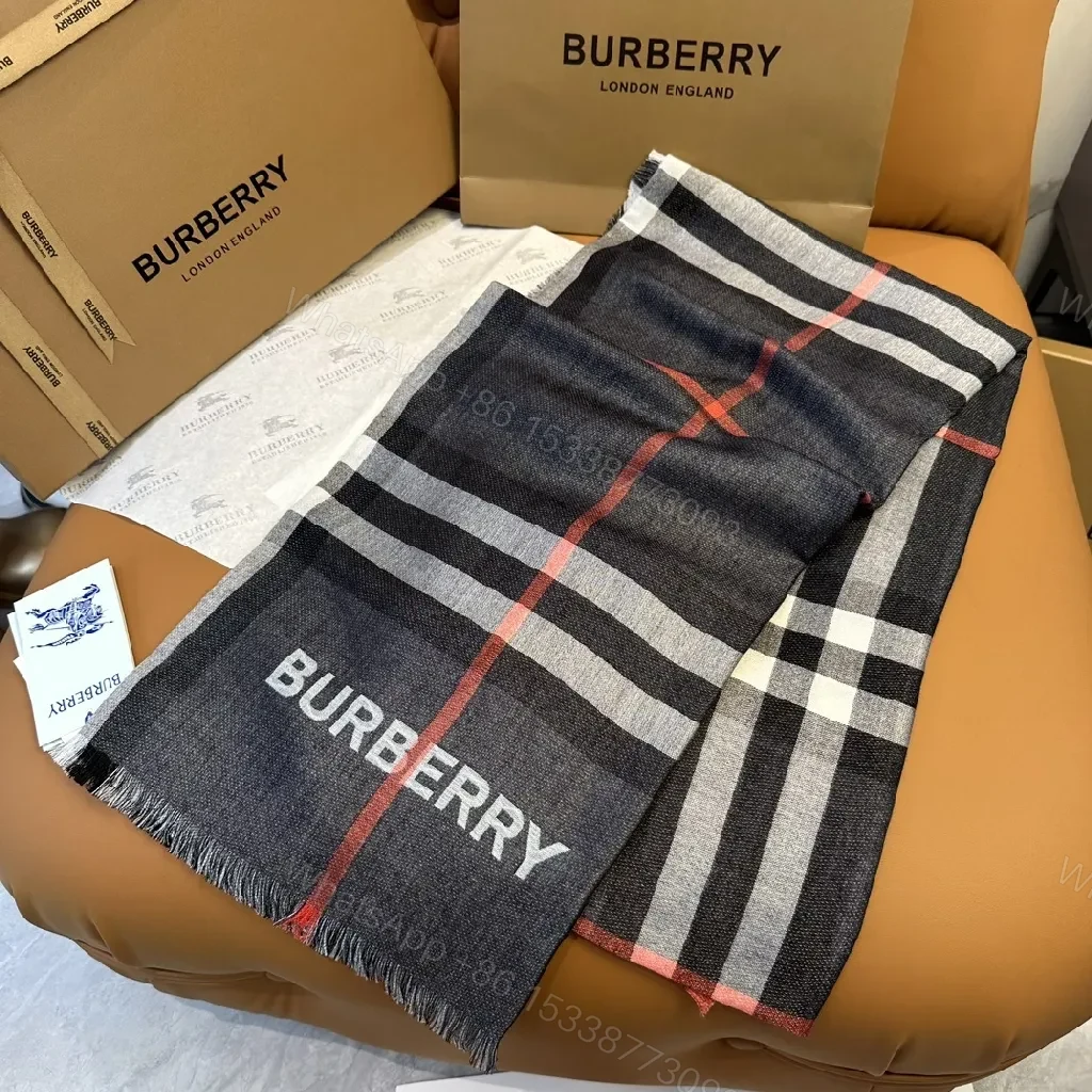 View 8 of Charcoal Plaid Wool-Blend Scarf with Fringe Detailing