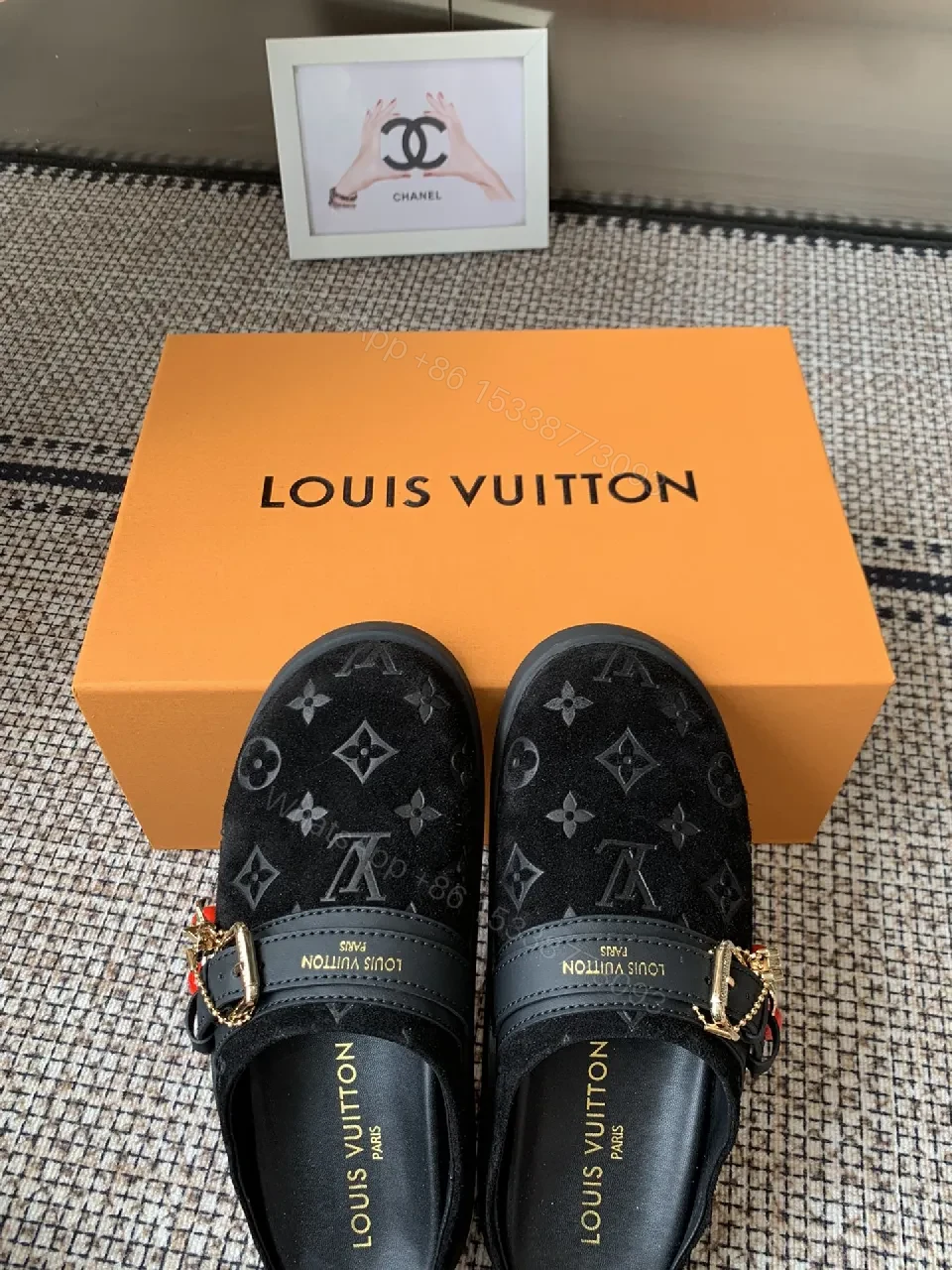 View 6 of Monochrome Velvet Slip-Ons with Gold Hardware