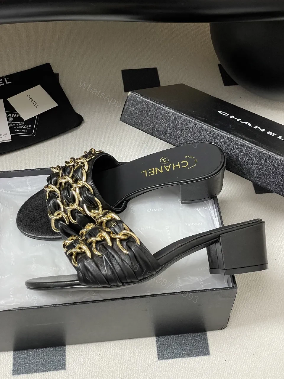 View 8 of Black Leather Chain-Detail Mules, Open-Toe, Low Block Heel