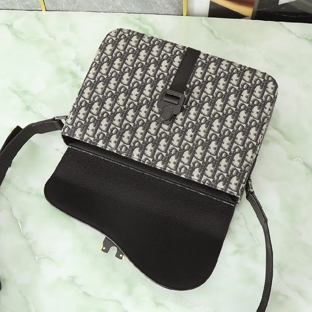 View 3 of Texture-Black Leather & Canvas Crossbody with Monogram Pattern, Compact, Everyday Luxury Bag
