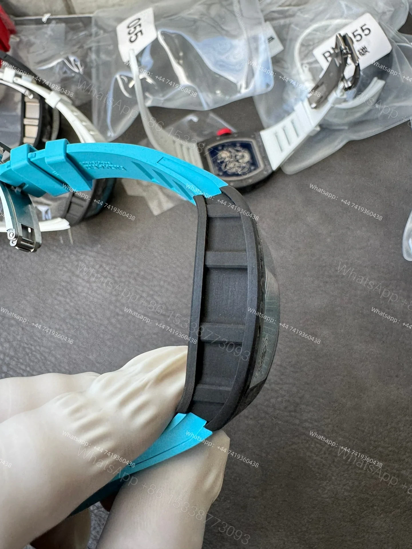 View 8 of Super Clone Richard Mille RM 055 Carbon TPT Blue Rubber Strap 1:1 Replica Watch