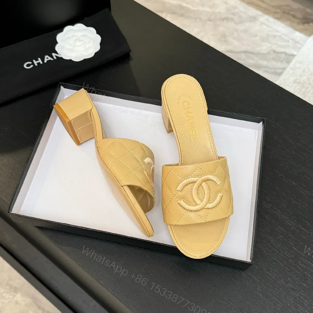 View 9 of Quilted Nude Slide with Logo Accent, Mid-Heel, Luxe Style