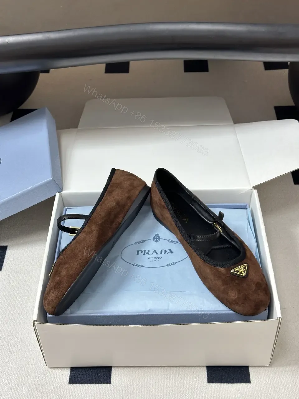 View 2 of Brown Suede Mary Jane Flats Black Trim Classic Prada-Style Logo Shoe
