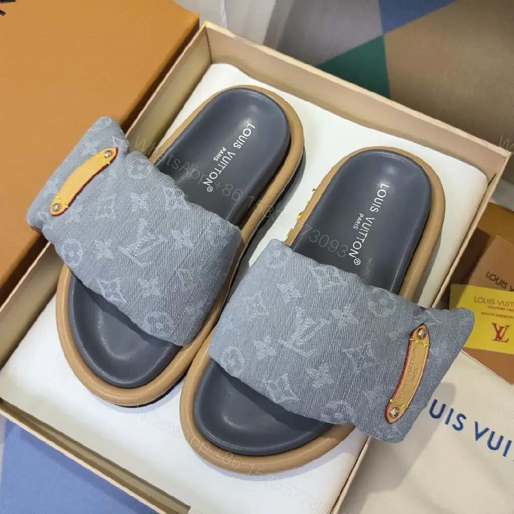 View 8 of Soft Denim Monogram Slides with Leather Accent — Everyday Luxury