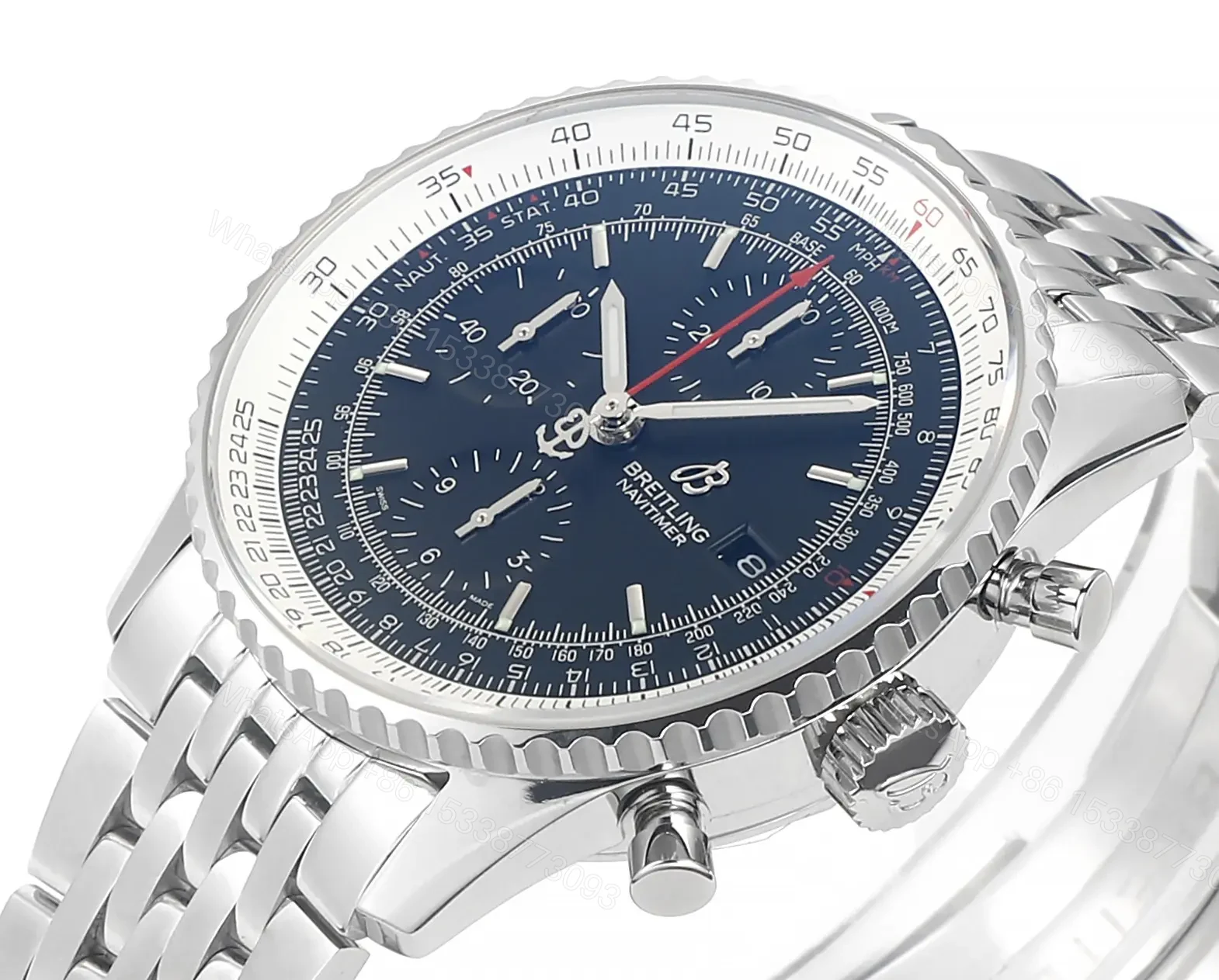 View 6 of OM Factory Breitling Navitimer Chronograph Watch – 43mm, Stainless Steel, Blue Dial, Pilot Style