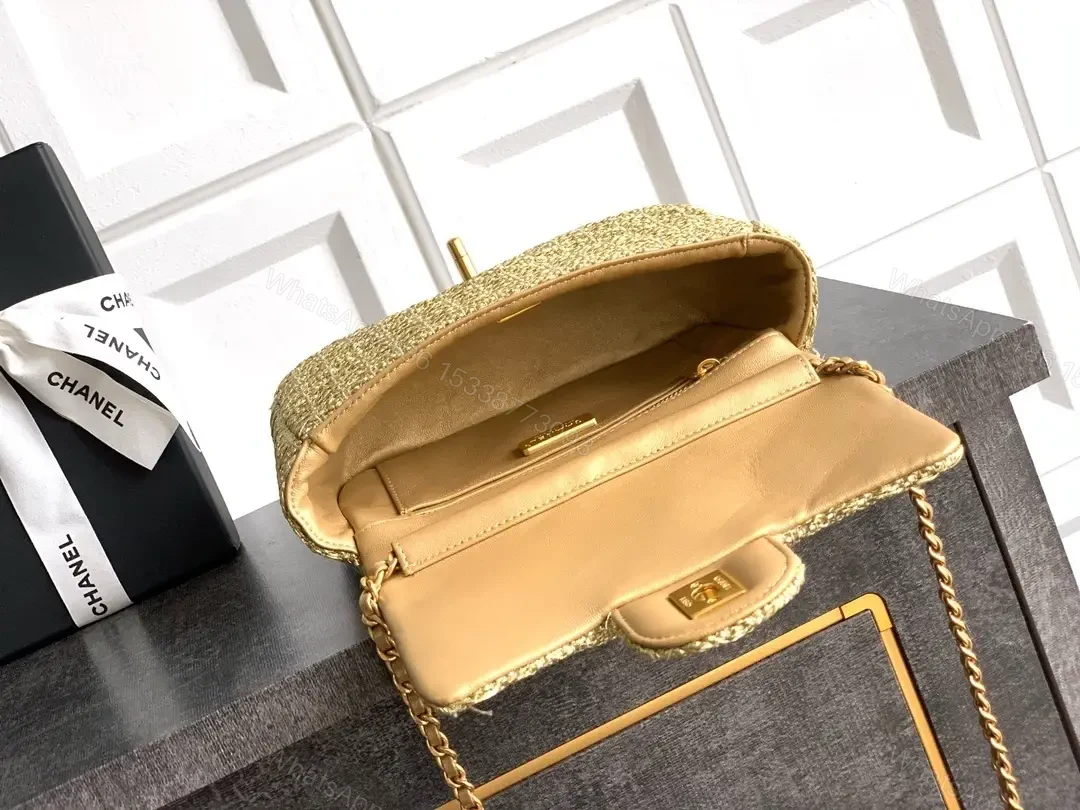View 7 of Gold Glitter Clutch with Iconic Logo, Lux Evening Bag