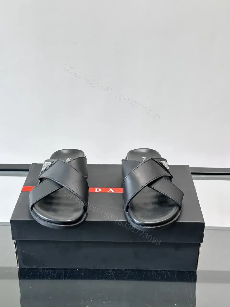 View 2 of Black Leather Slides Prada Logo Slide Sandals Comfort Fit Sandals