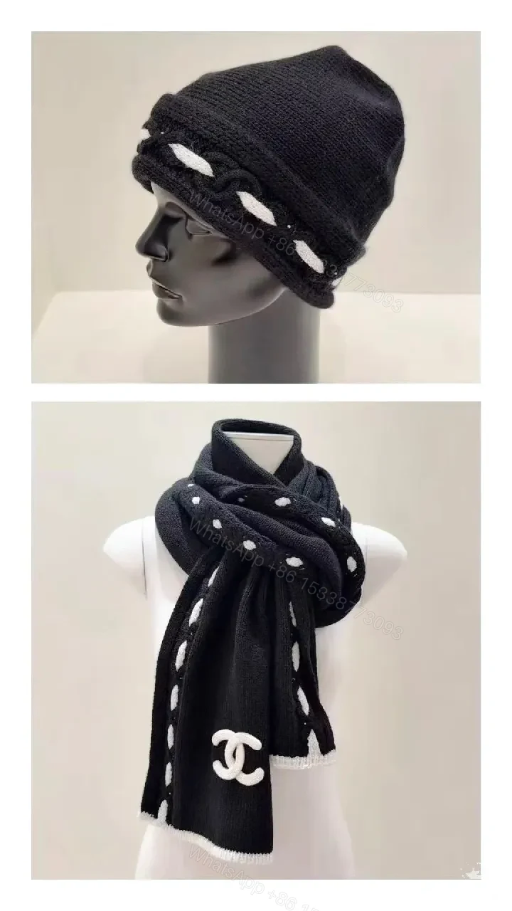 View 5 of Black Knit Scarf with White Stitching — Luxury Cozy Accessory