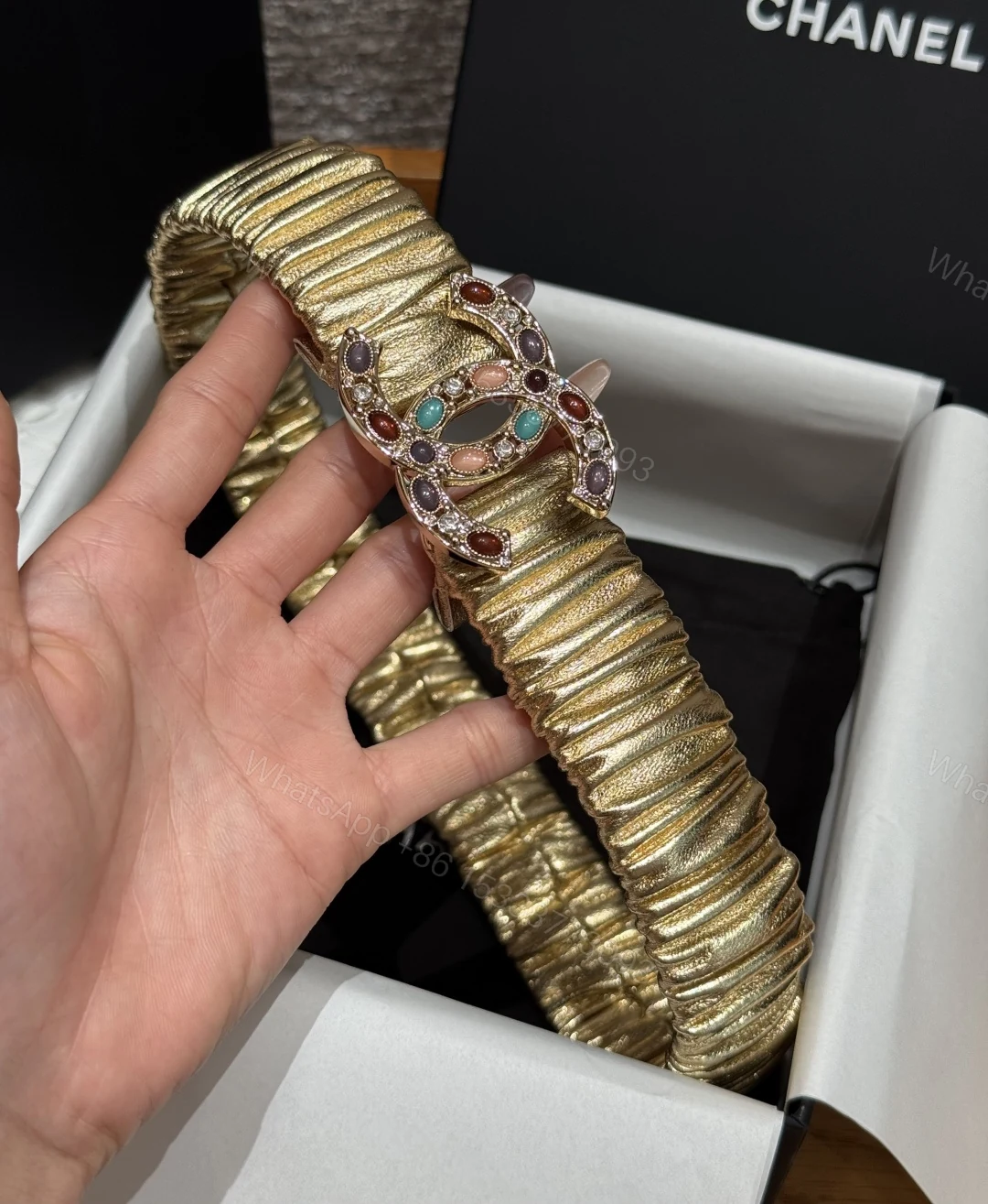 Chanel金色彩寶雙C扣女士腰帶 原單小香風彈力皮帶 — view 1