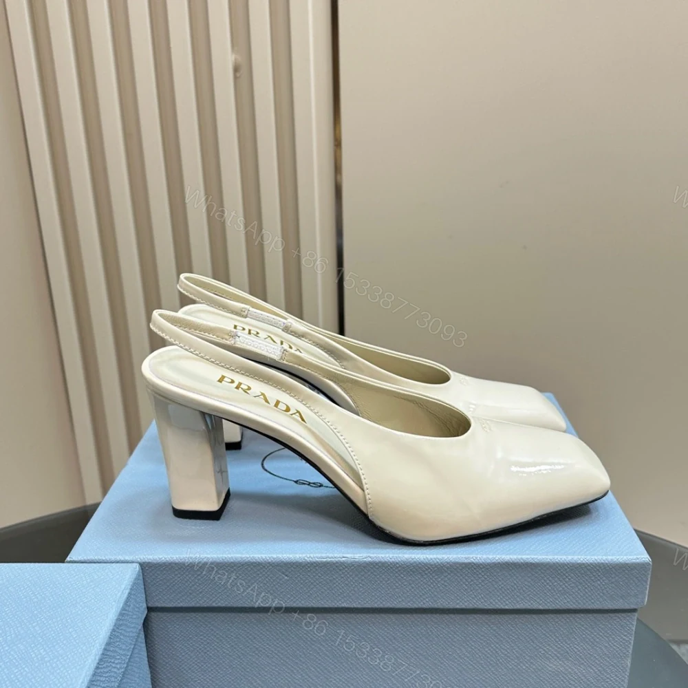View 4 of 高仿Prada*1I838B方頭粗踭露跟鞋8.5CM漆皮白色免檢版