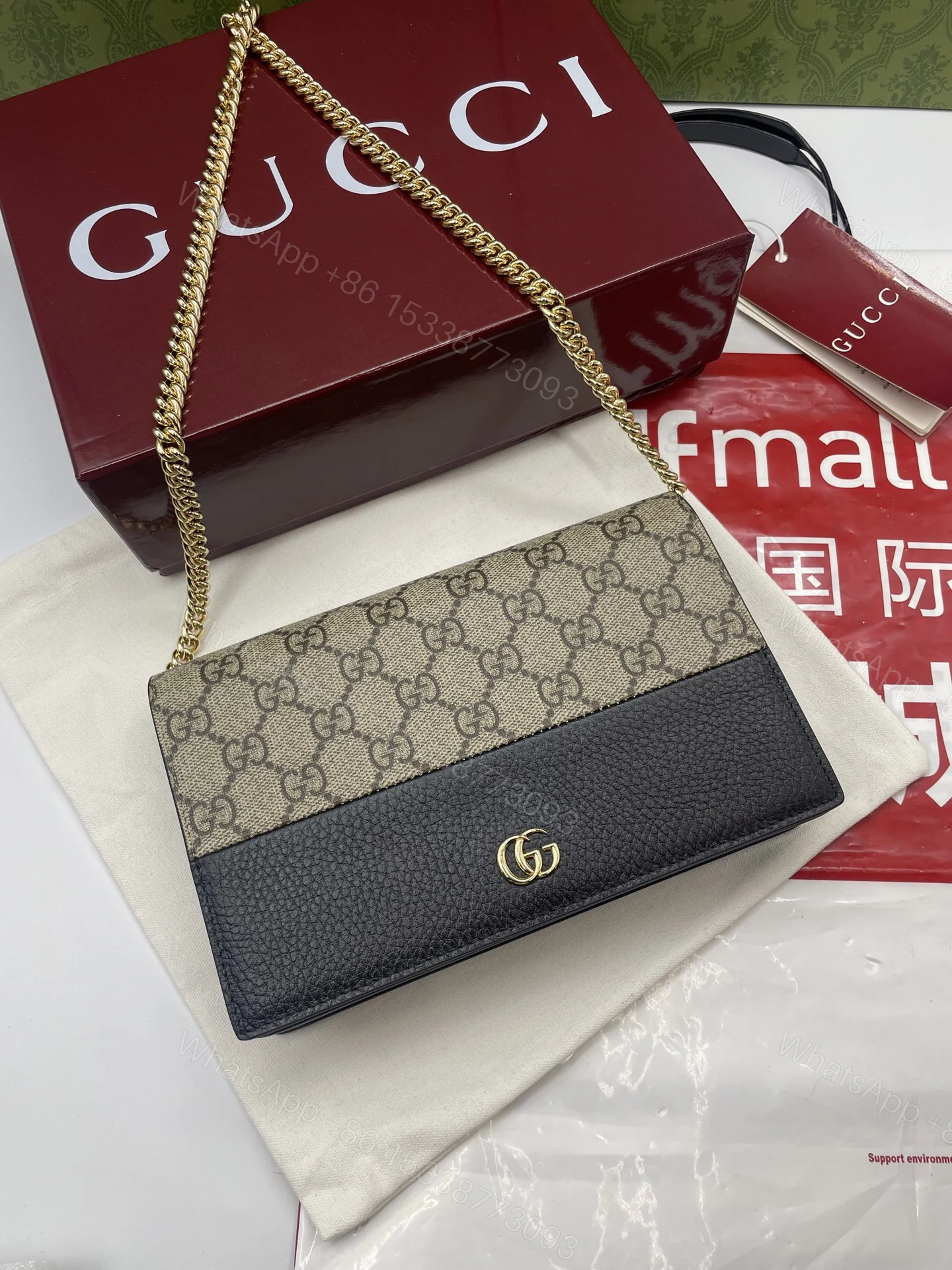 GUCCI 高仿GG帆布拼皮信封包 黑皮金鍊百搭款 女士斜背包推薦 — view 1