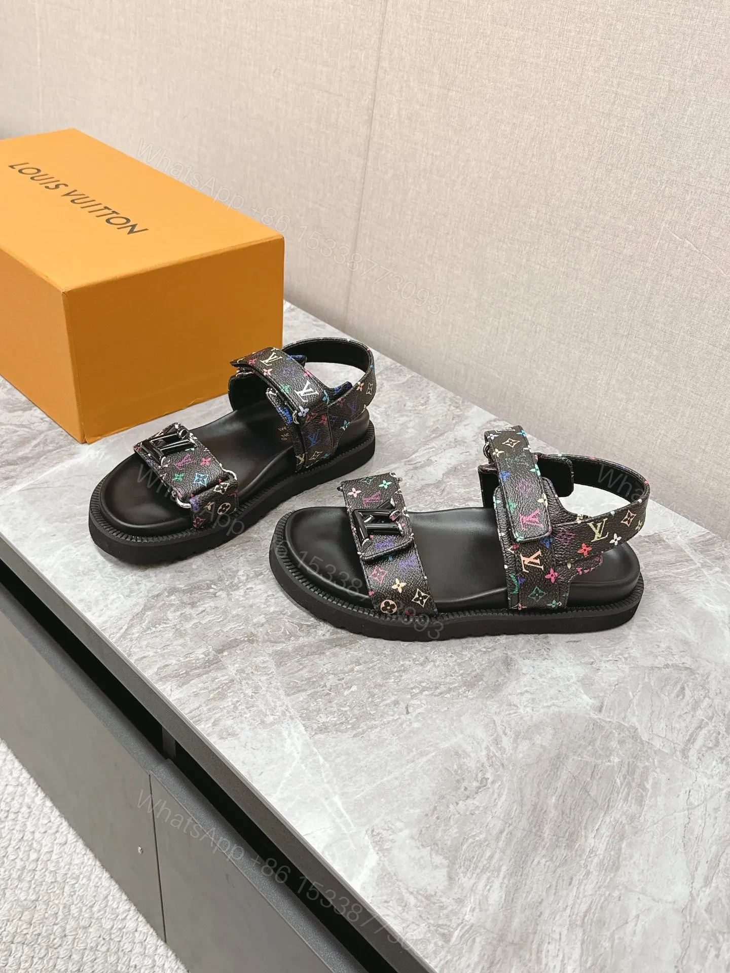 View 3 of LV Women Black Multi Leather Strap Sandals