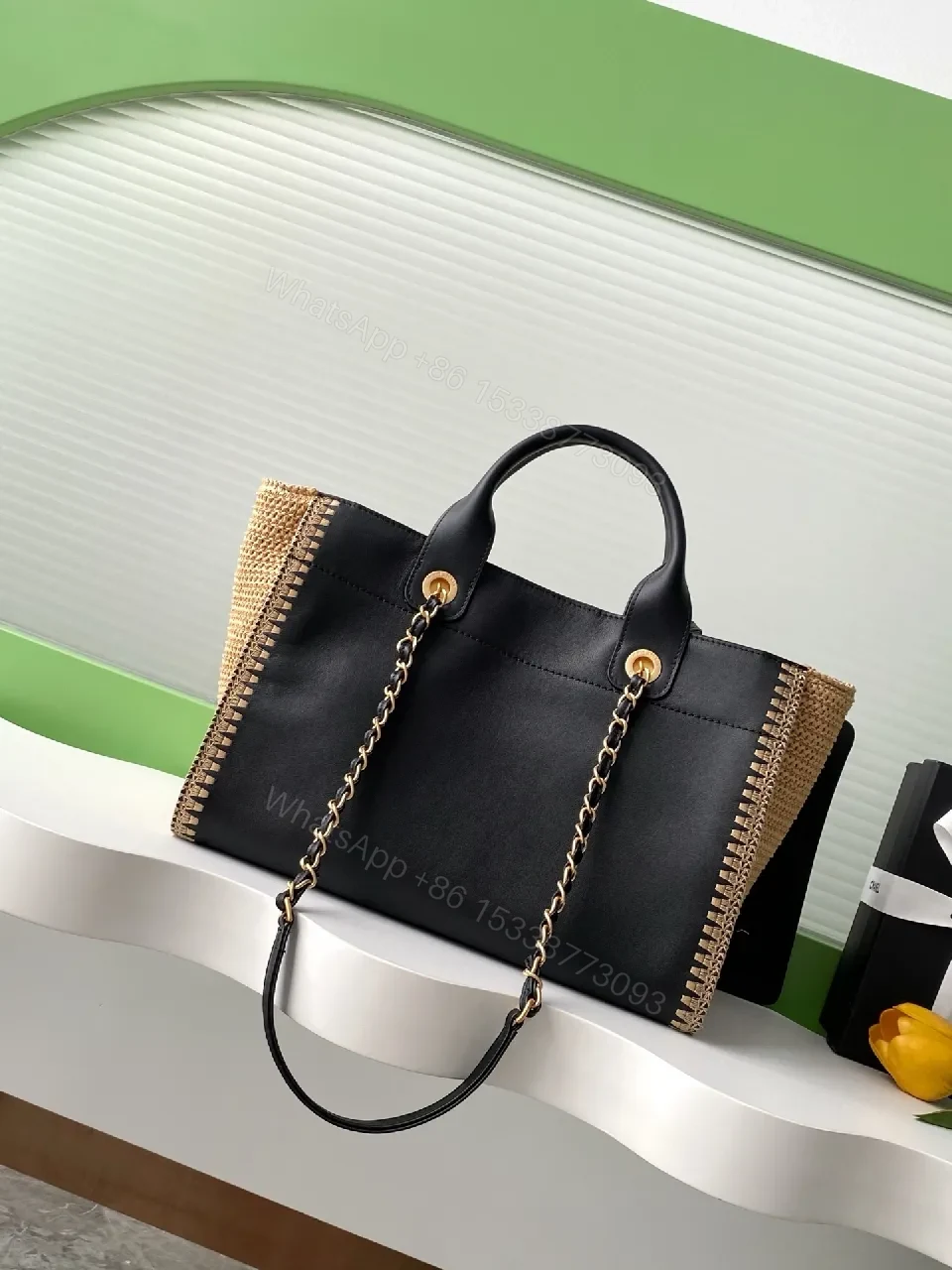 View 4 of Black Canvas Tote, Gold-Threaded Chain, Luxe Texture Bag