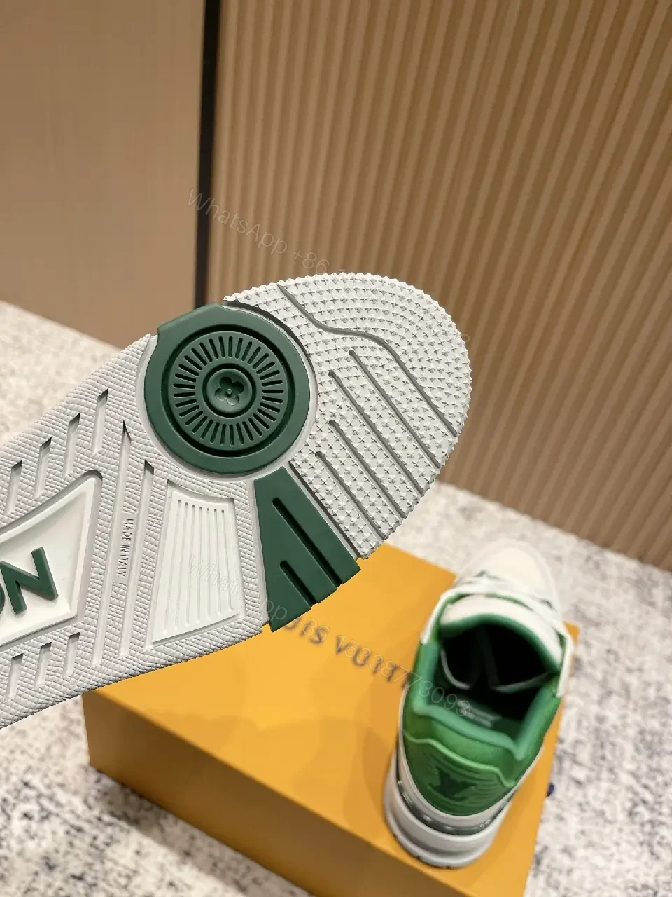 View 9 of White Leather Sneakers with Green Accents: Luxury Everyday Streetwear
