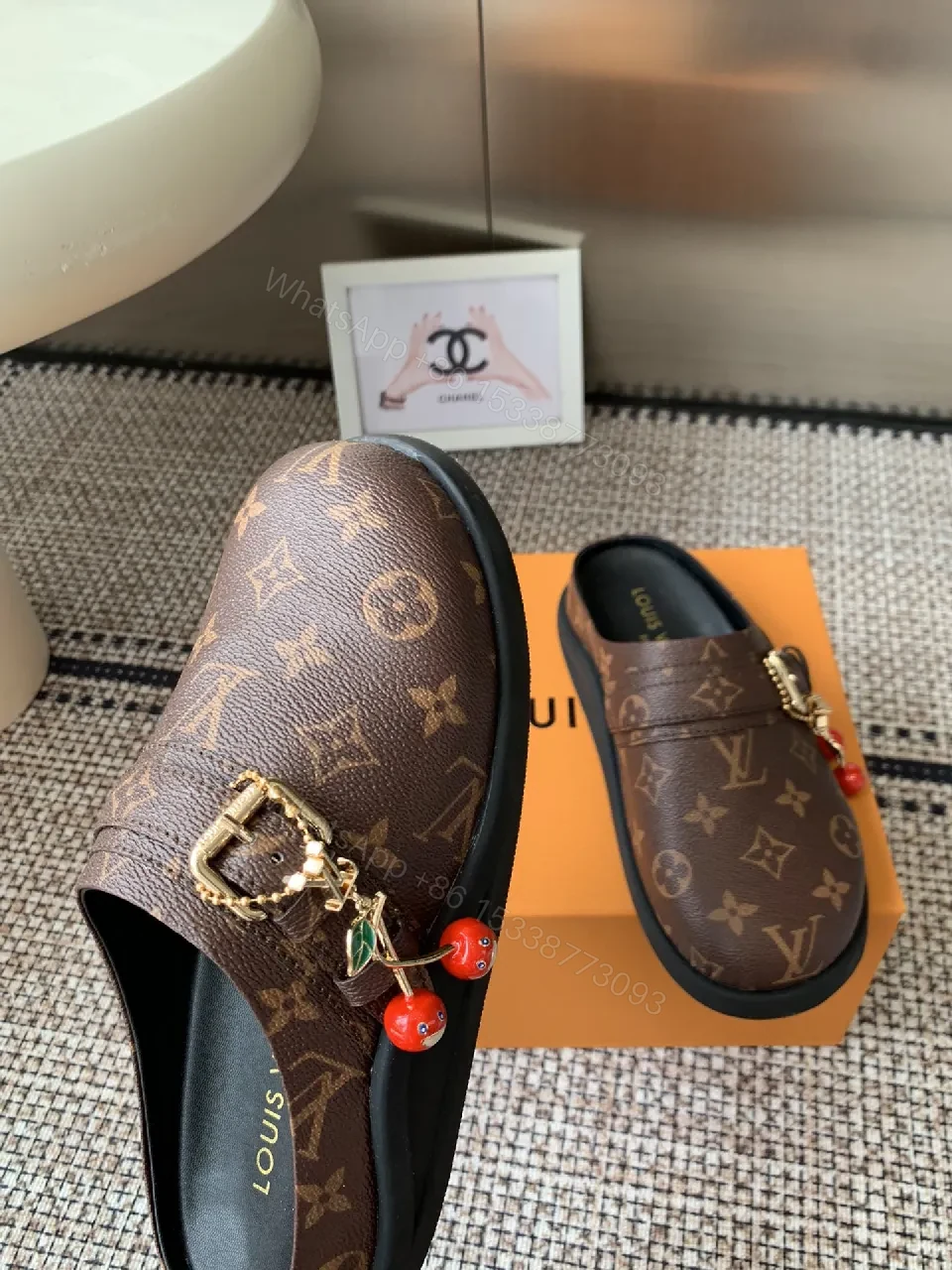 View 8 of Brown Monogram-Canvas Loafers with Gold Hardware, Slip-On Comfort