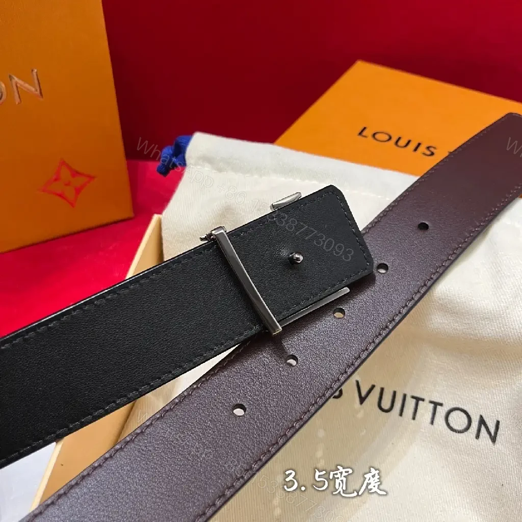 View 4 of Rich Brown Leather Belt with LV-Inspired Buckle