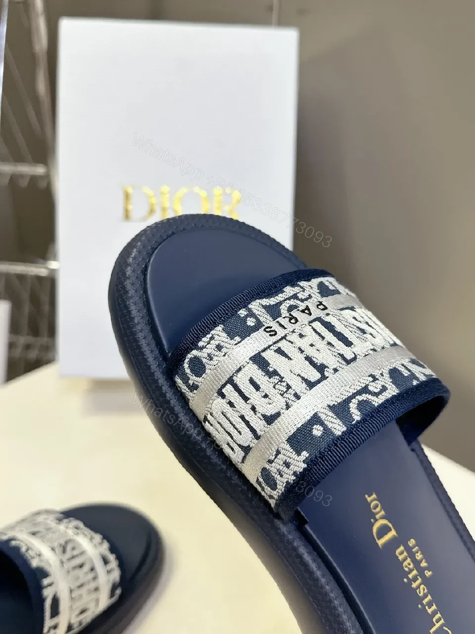View 3 of Textured Navy Slides: Wide Logo Strap, Elevated Comfort