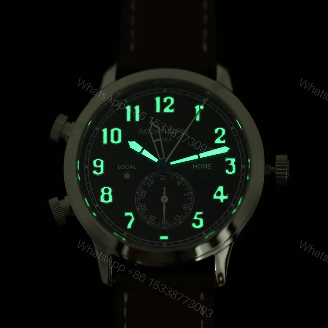 View 6 of Patek Philippe Calatrava Pilot Travel Time Watch Dual Time Zone Rose Gold Coffee/Deep Blue Dial 42mm Stainless Steel Case Blue Leather Strap