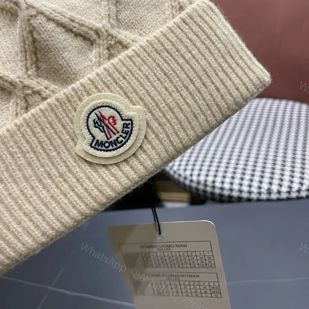 View 8 of Cream Knit Beanie + Wool Blend + Classic + Subtle Moncler Patch + Beanie