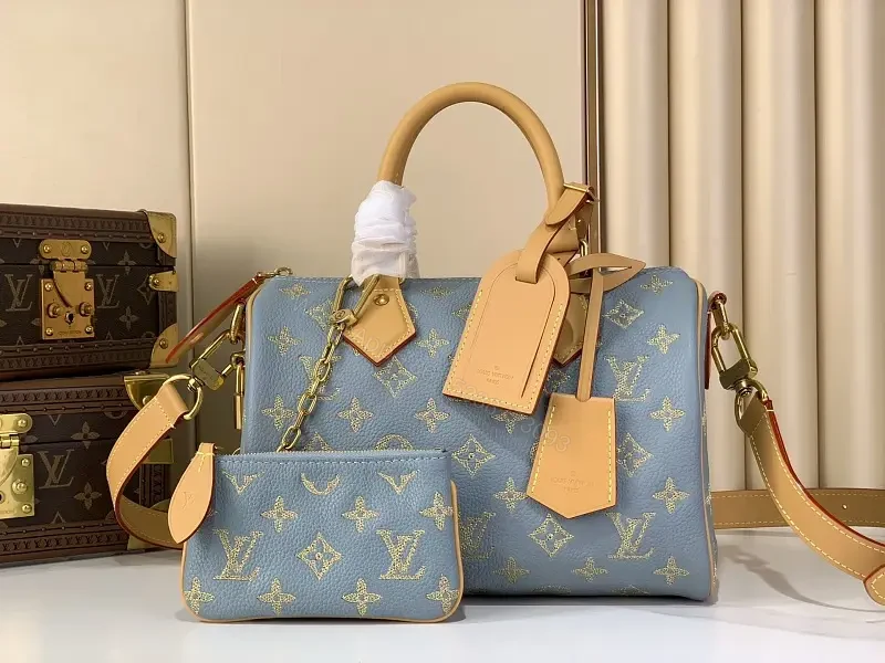 Light Blue LV Monogram Tote Bag with Tan Leather Accents — view 1