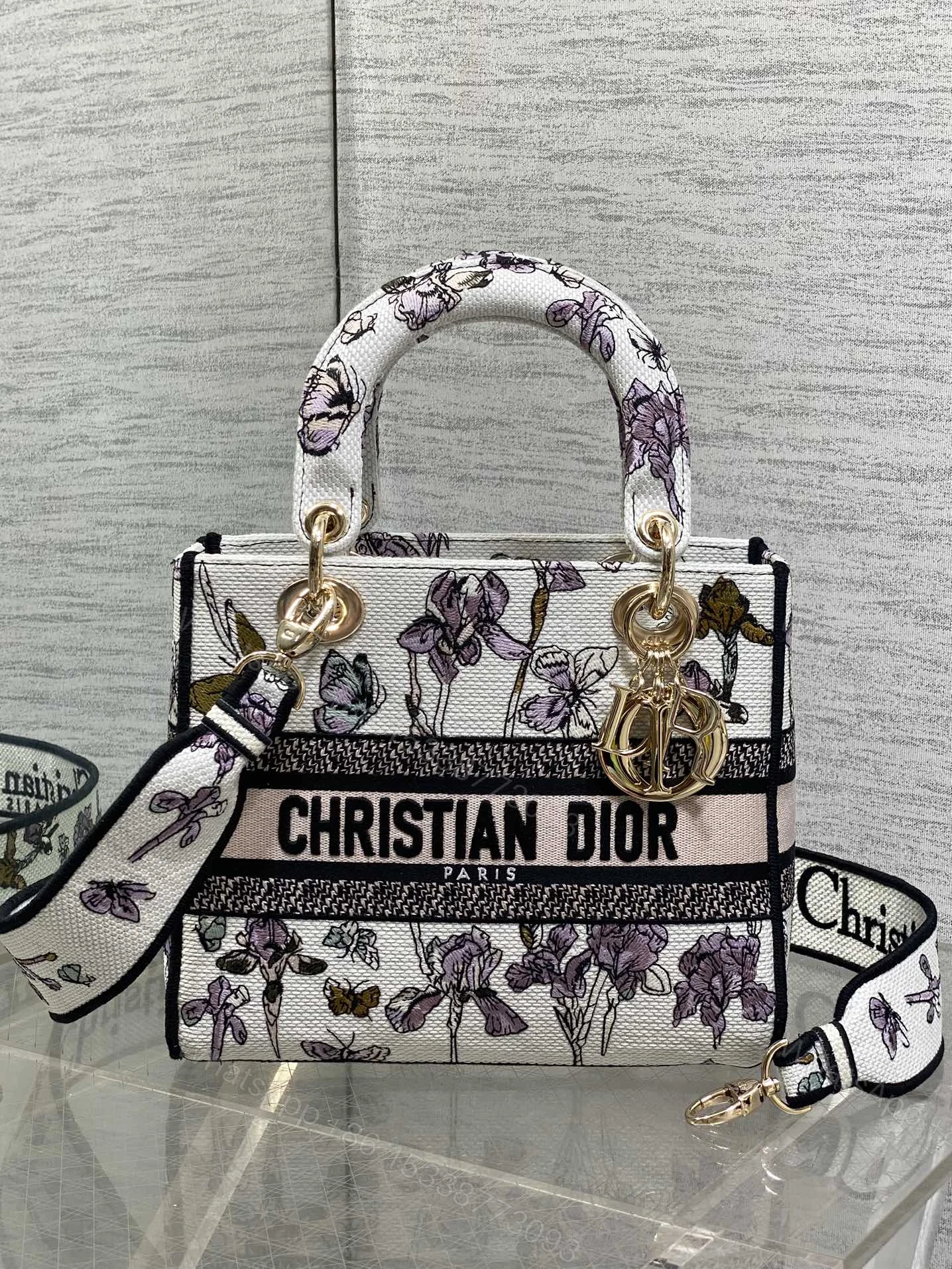 Dior一比一花卉刺繡托特包 白底紫花款 手提肩背兩用女包 — view 1