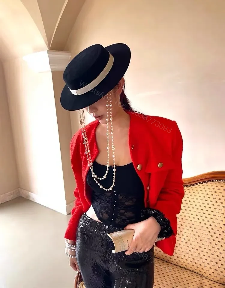 View 4 of Black Fedora + Crystal Necklace Set: Satin Band, Luxe Sparkle