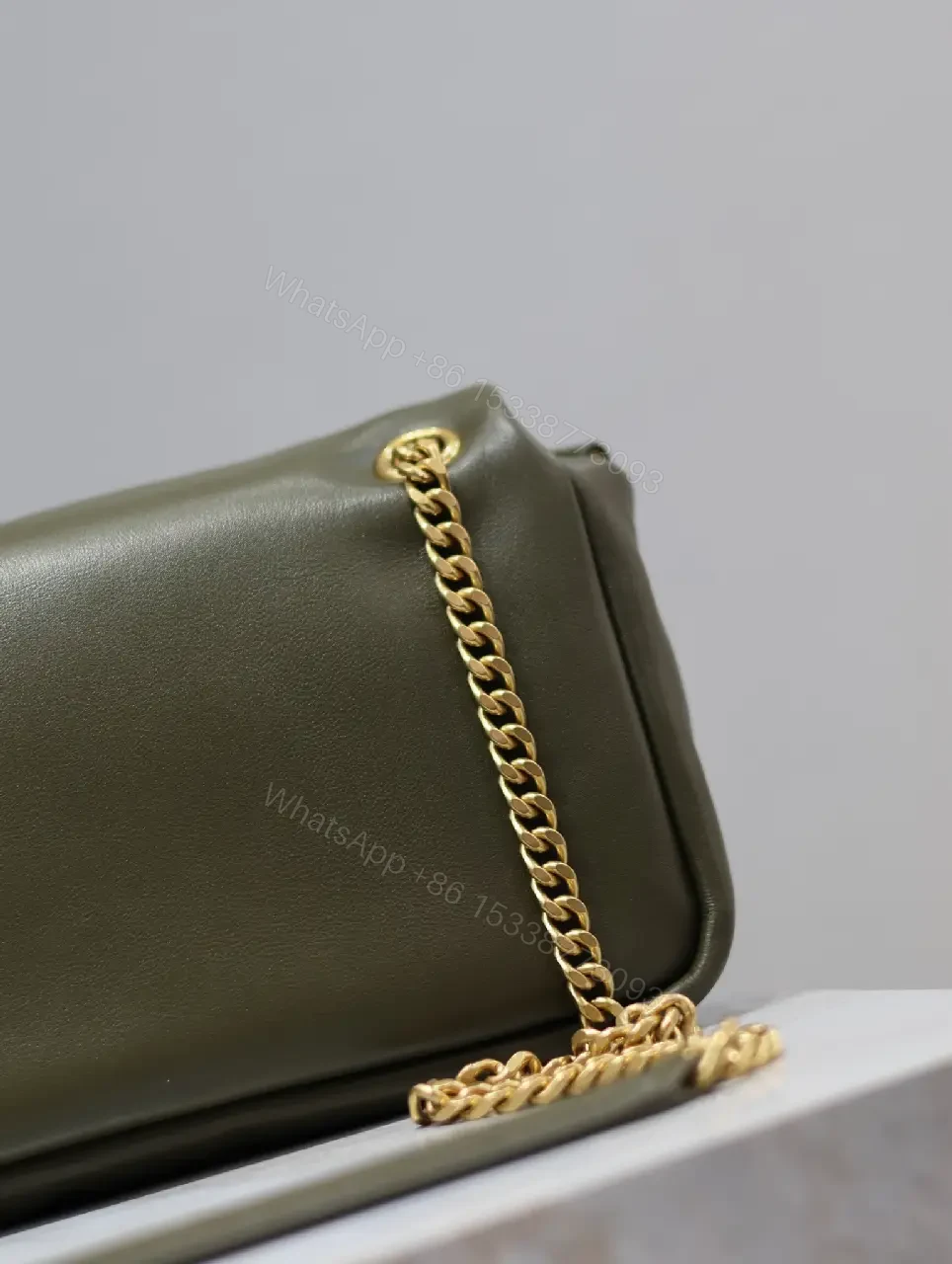 View 6 of Olive Leather Mini Bag: Structured, Gold YSL Logo, Compact Elegance
