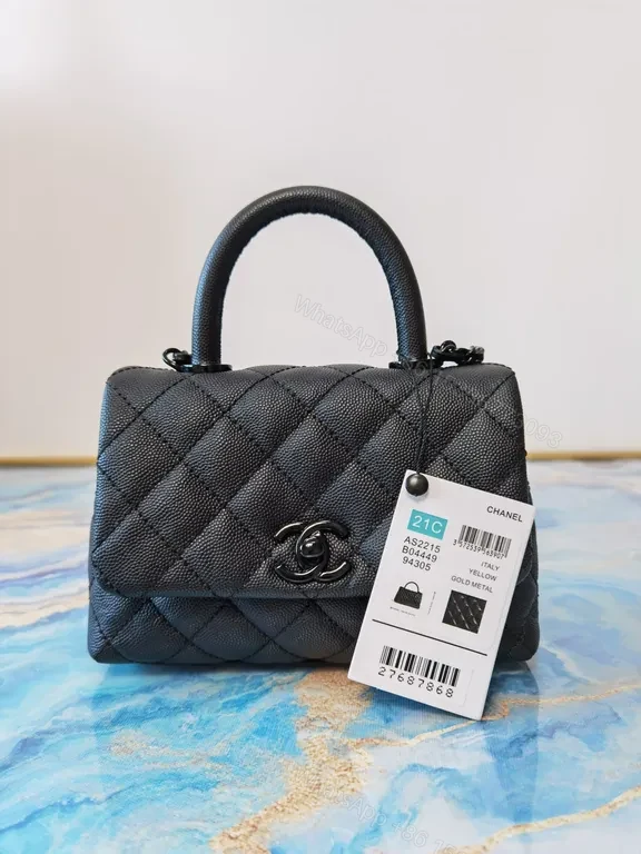View 3 of Chic Quilted Black Leather Handbag with CC Hardware