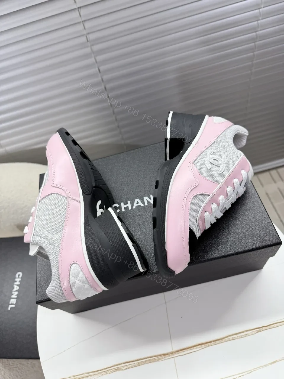 View 8 of Pastel Pink Suede-White Mesh Sneaker with Black-Toe Cap