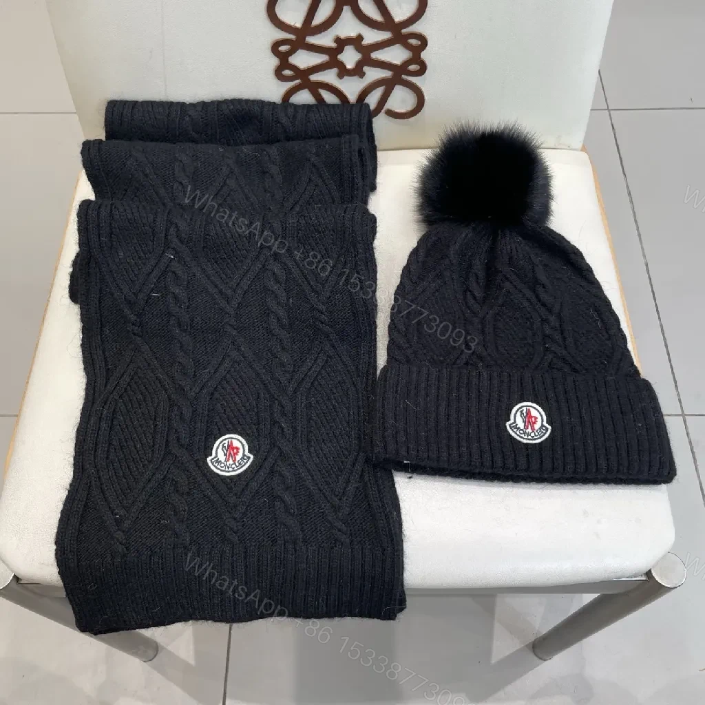 View 3 of Deep Black Knit Scarf & Beanie Set: Cable Knit, Cozy Warmth