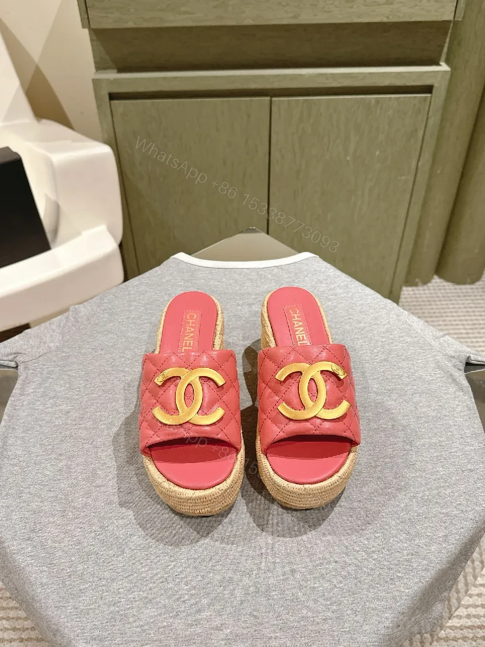 View 8 of Pink Quilted Espadrille Platform Sandals with Metallic Hardware
