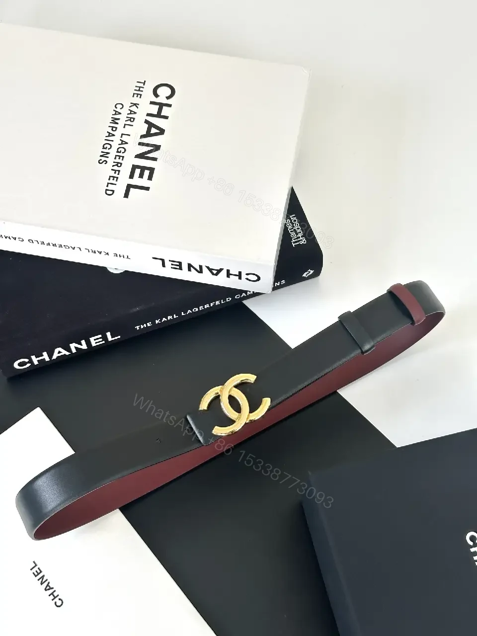 View 7 of Two-Tone Black/Burgundy Leather Belt with Gold Logo Buckle