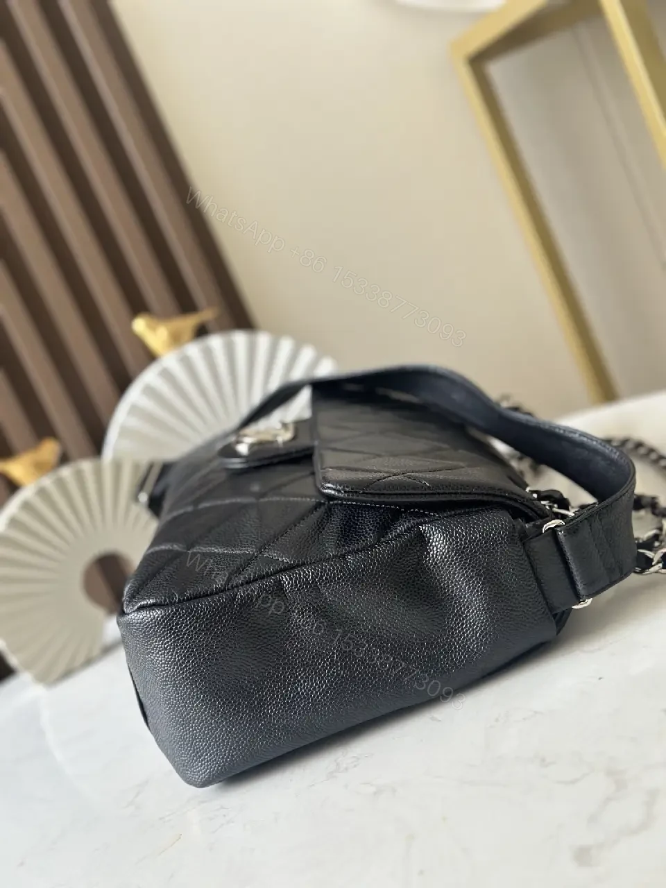 View 4 of Quilted Black Leather Satchel with Silver Chain