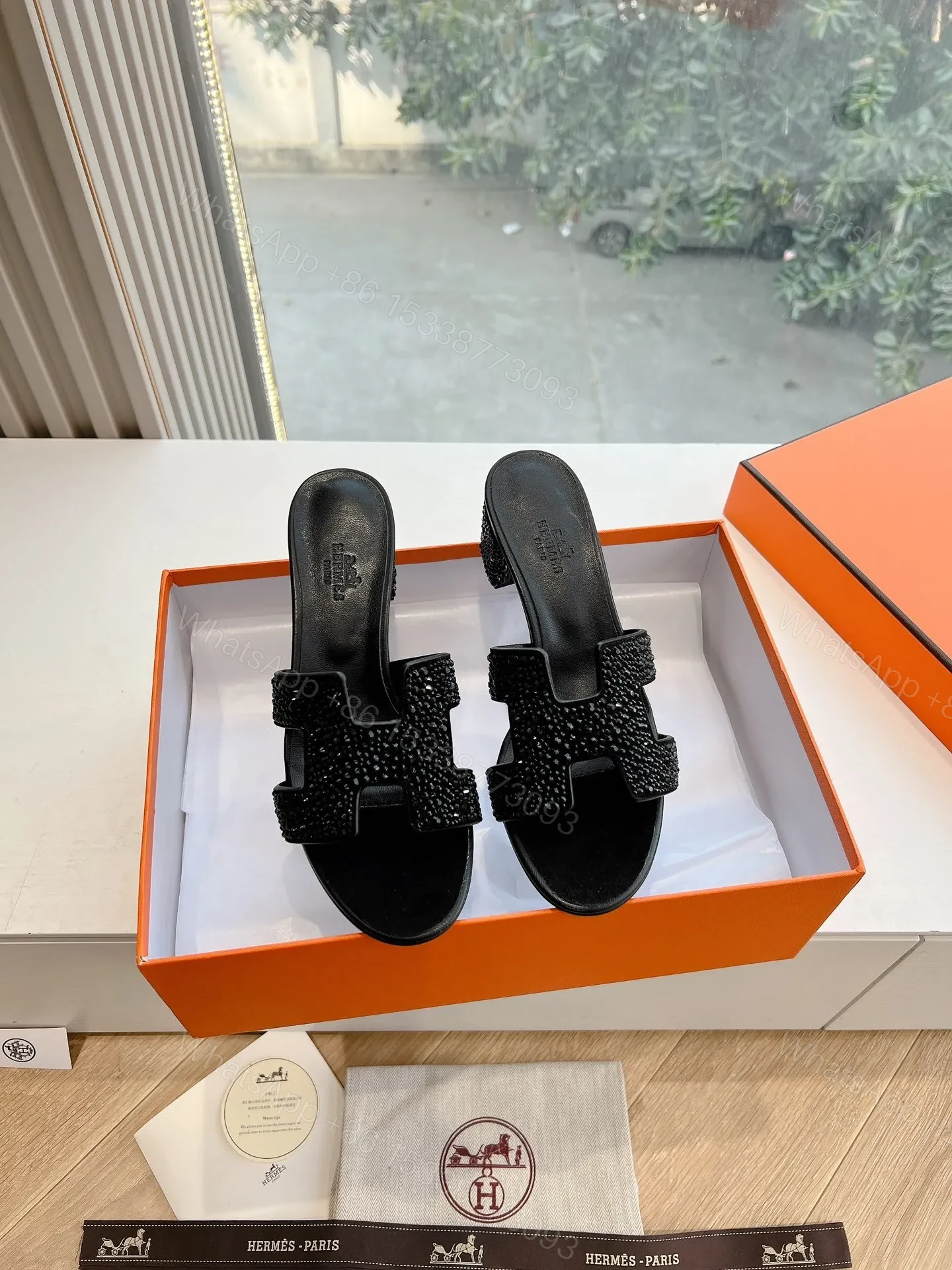 View 3 of Hermes Women Black Embellished Leather Mules