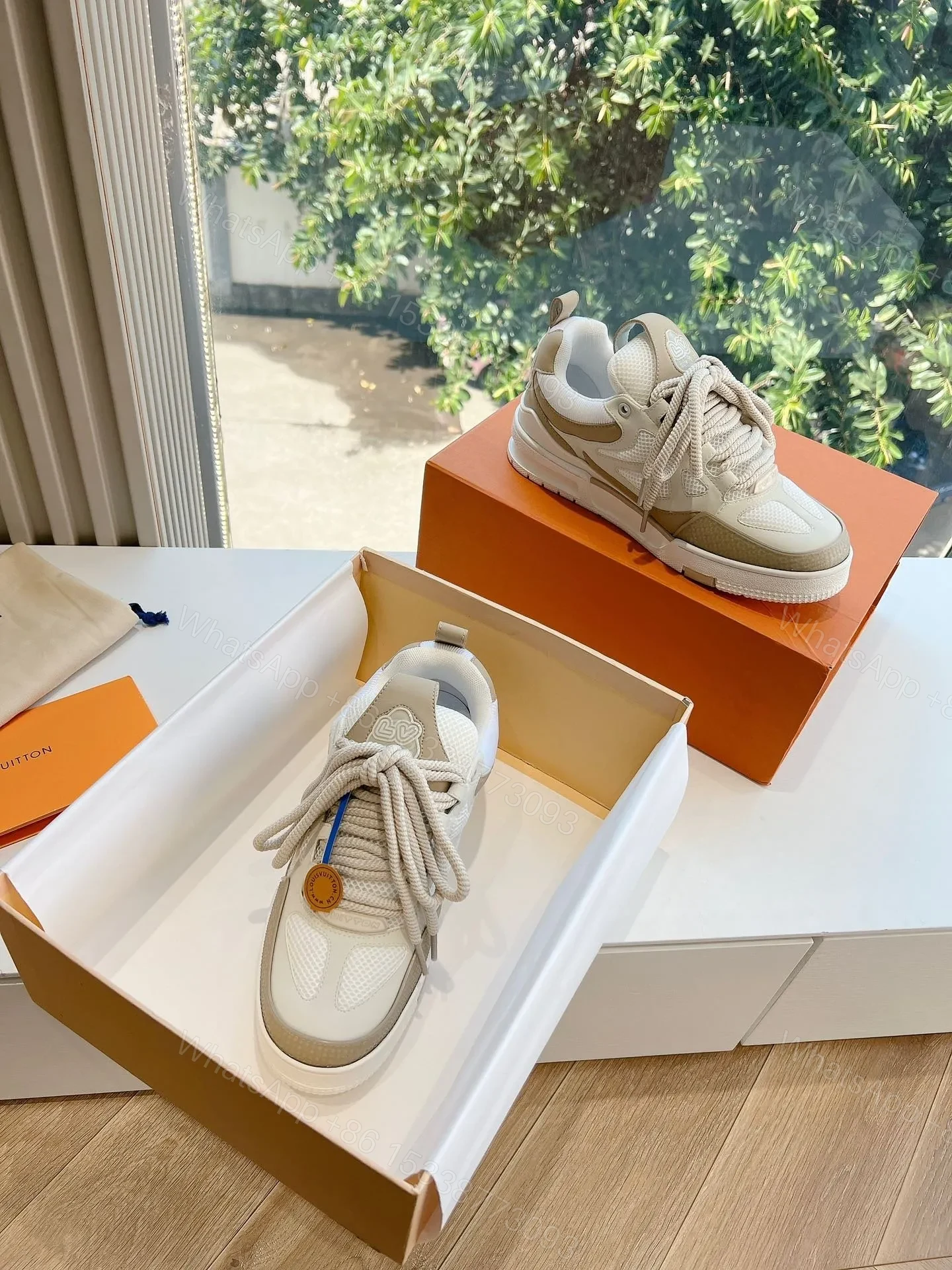 View 4 of LV Women Beige Mesh Leather Sneakers